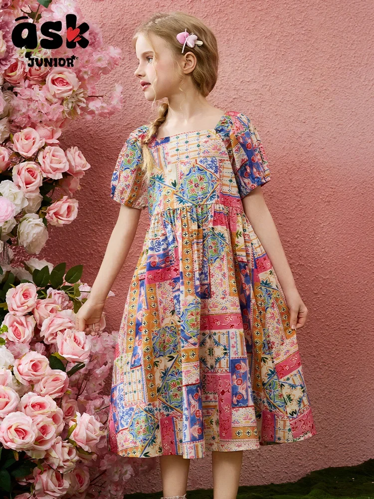فستان صيفي للأميرات من ASK Junior Tween للفتيات قابل للتنفس بألوان متباينة وأكمام فقاعية #4