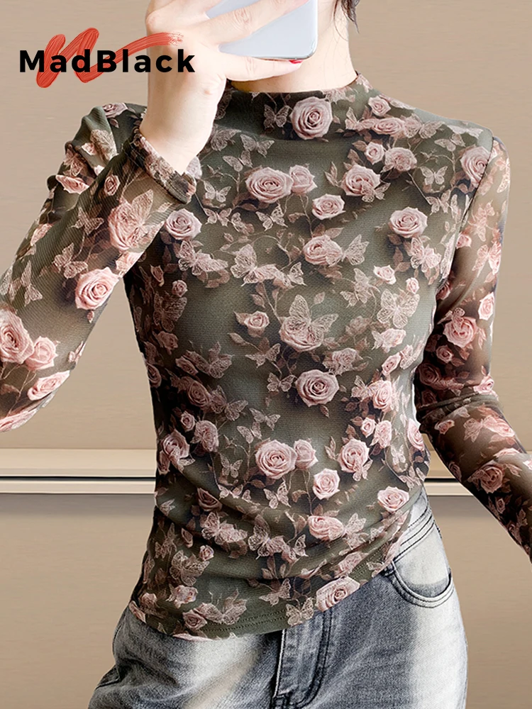 

MadBlack-Women European T-Shirt, Sexy Turtleneck Floral Print, Vintage Long Sleeve Slim Mesh S-3XL Tee, 2025 Autumn New T58969CC
