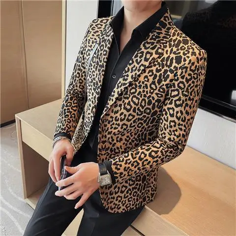 4-G10  High-end leopard print suit jacket for men trendy 2023 new Korean styleslim ritish style casual suit tops