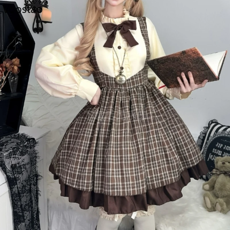 Preppy Style Gothic Lolita Plaid Dress Cloak Set Women Halloween Detective Cosplay Costumes Party Mini Dresses Punk Y2k Dress