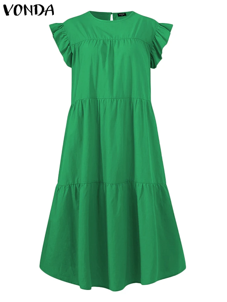 VONDA Summer Dress 2024 Women Elegant Long Shirt Dress Casual Sundress Solid Ruffled Midi Vestido Cotton Loose Beach Robe