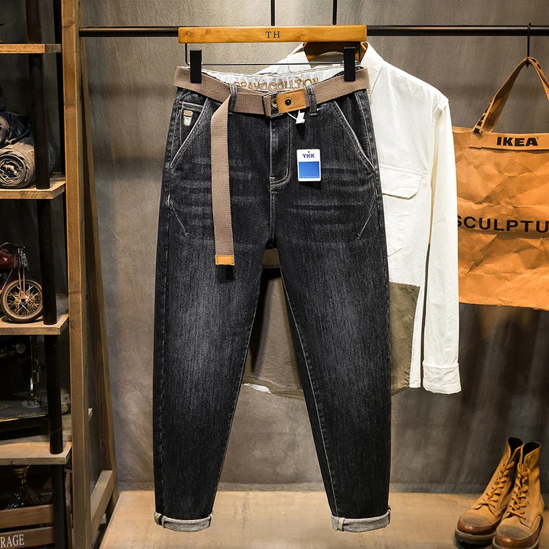 2024 Spring plus Size Xl Mens Denim Pants Stretch All-Matching Overweight Man Loose Casual Ankle Banded Pants