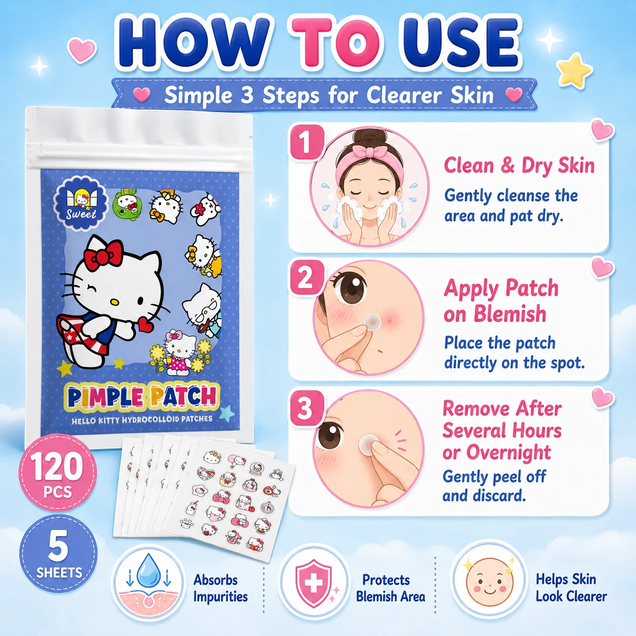 120PCS hello kitty Acne patches, facial acne patches, hydrogel acne removal patches, concealer view 3