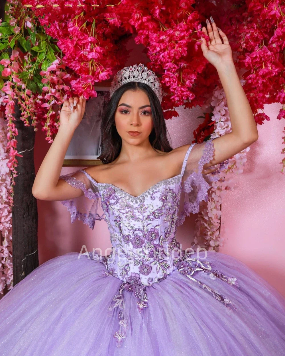 Angelsbride ชุดปาร์ตี้วันเกิด15 quinceañera Lilac ชุดไปงานเต้นรำสไตล์ใหม่ Quinnceanera ประดับด้วยลูกปัด