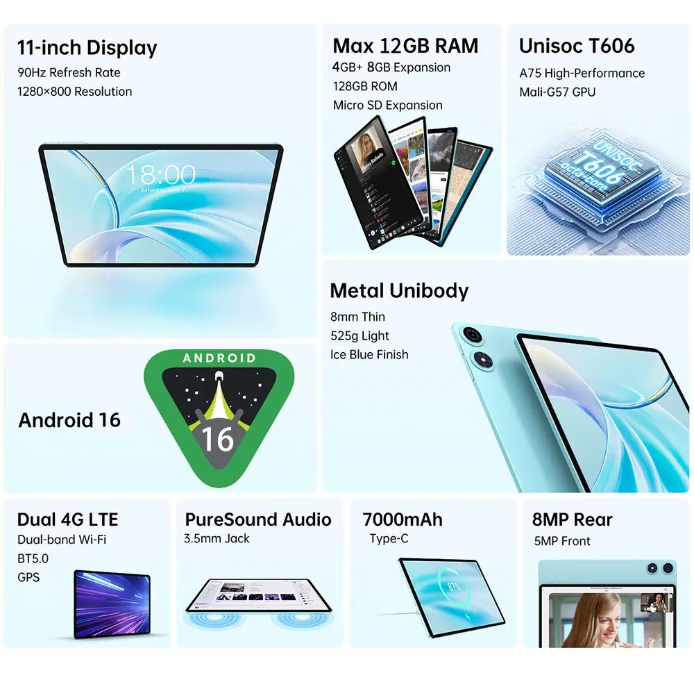 2026 Teclast P50 Tablet Android 16 8-Core T606 4Gb Ram 128Gb Rom 1280X800 Pixels Ips Bluetooth 5Mah Type-C 8Mp+5Mp Wifi TLA002