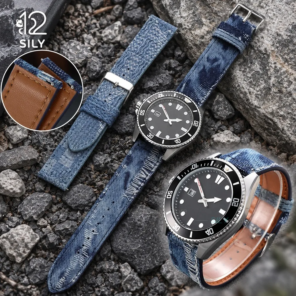 18mm 20mm 22mm Universal Replacement Watchbands Washed Denim Fabric Leather Watch Strap Quick Release Watch Band Black Blue Belt