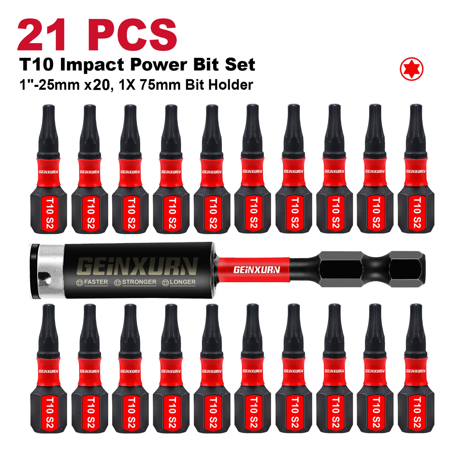 Geinxurn 1" Schlagfester Magnetischer Schraubendreher-Bit-Satz, Torx-Stern-T10-Bits, S2-Legierungsstahl-Power-Bits