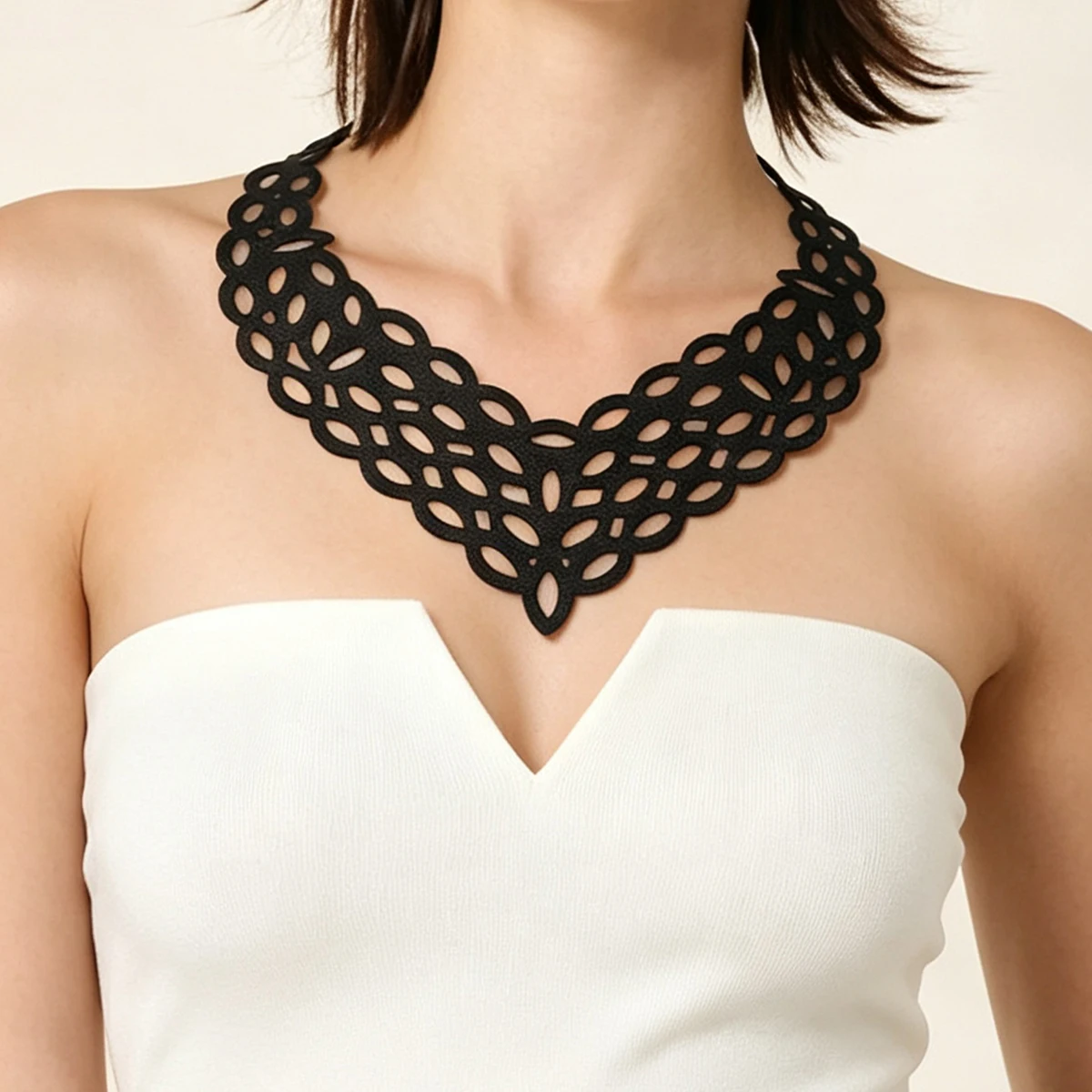Marliwoo Retro Hollow Lace Pattern PU Leather V Bib Necklace Fashion Statement Neck Ornament for Photoshoot Party necklace