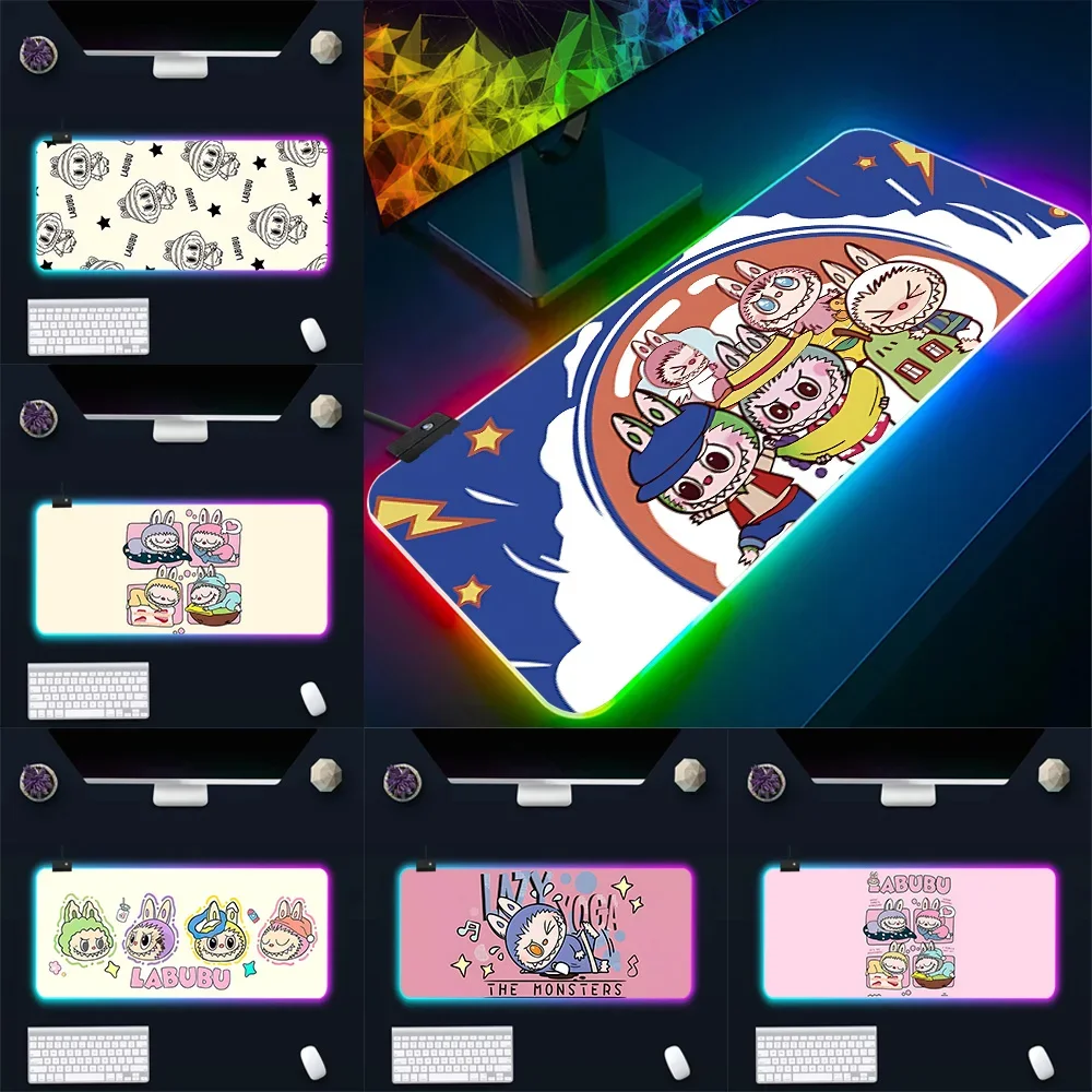 

Hot Anime Cartoon Labubus RGB Pc Gamer Keyboard Mouse Pad Mousepad LED Glowing Mouse Mats Rubber Gaming Computer Mausepad