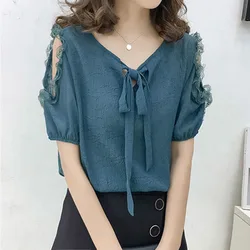 Elegant Fashion Womne Solid Color Bandage Bow Off Shoulder Blouses 2023 Summer Lace Spliced O-Neck Casual Shirt Female Clothing