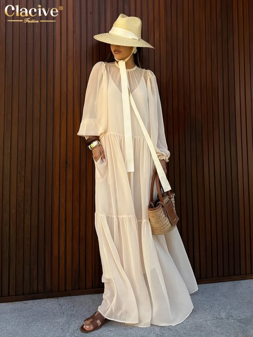 

Clacive Fashion Loose Beige Women's Dress Casual O-Neck Long Sleeve Ankle Length Dresses Elegant Classic Female Dress 2 Pieces