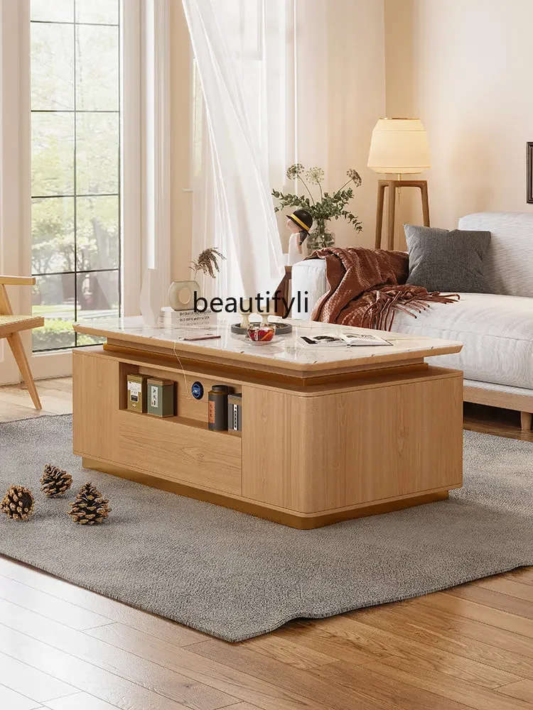 xz1Solid Wood Automatic Lifting Kung Fu Tea Table  Living Room Multi-Functional Log Style Solid Wood Stone Plate Tea Making Tabl