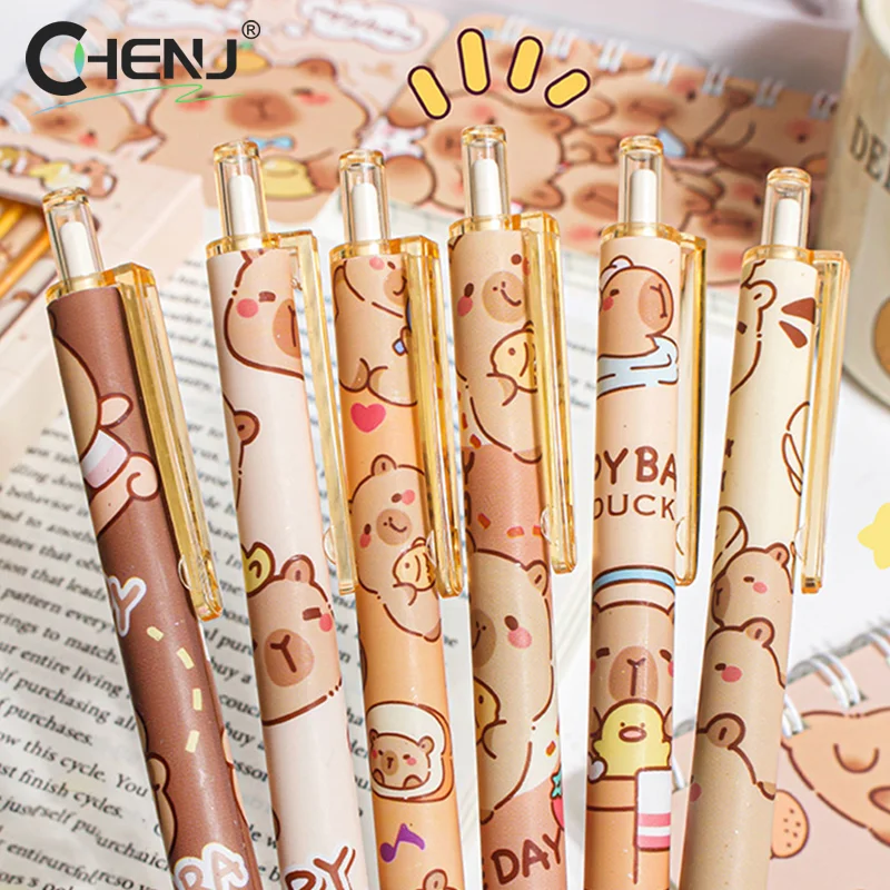 4/6Pcs Cute Kawaii Capybara Gel Pen Set Cartoon Quickly-Drying Pressing Neutral Pens Aesthetic Stationery School Office Supplies