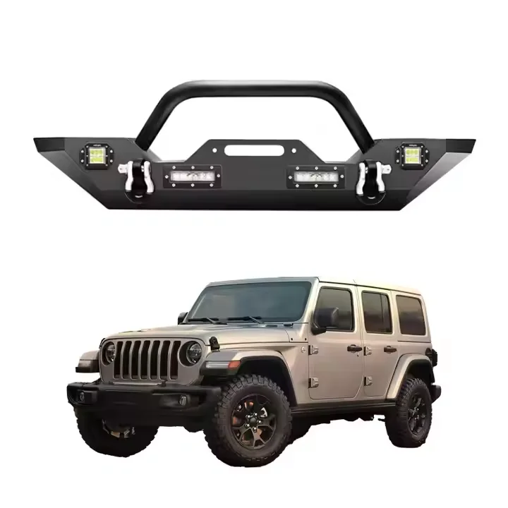 For MusixiA Steel Front Bumper With LED Light For Wrangler JK JL Black Powder-Coated Tow Hook