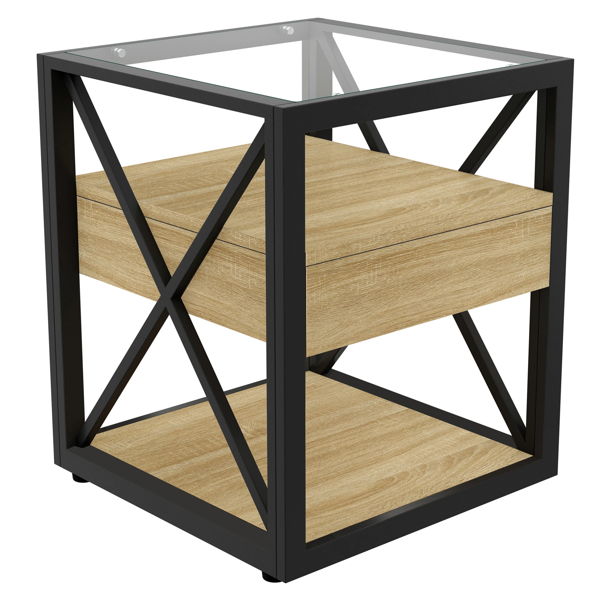 Modern End Table with Drawer, Nightstand for Bedroom & Living Room, Natural Wood MDF & Tempered Glass Top, Industrial Style Side Table, X-Frame Metal, 110 lbs Capacity, 1 Piece