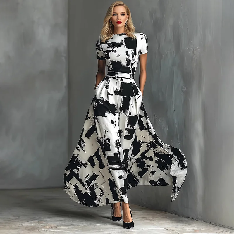 

Elegant Women's Dress Modern Art Style Black and White Abstract Printed Short Sleeve Long Dress High Waist Temperament Dresses