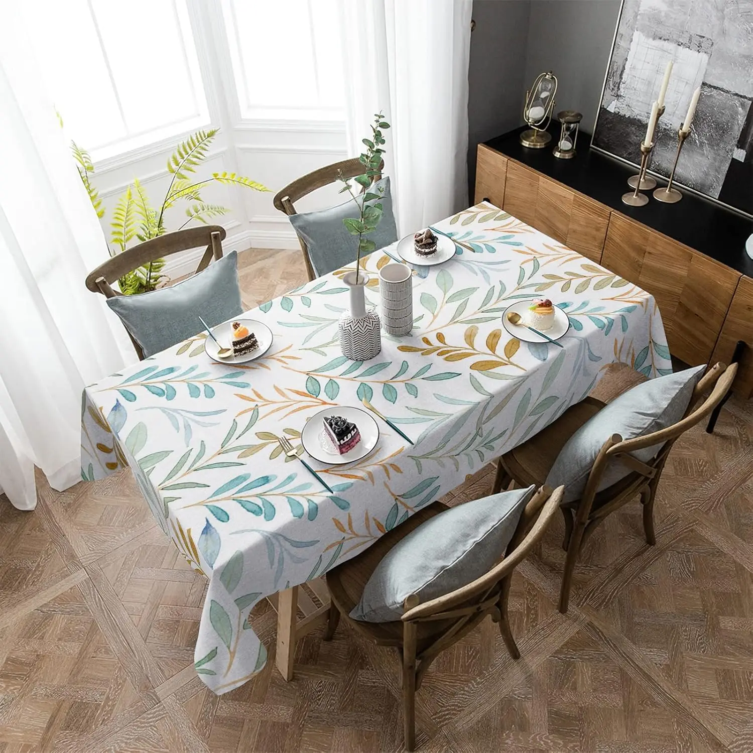 Summer Watercolor Leaves Rectangle Tablecloth for Table Decor Retro Green Plants Kitchen Dining Table Cloth Holiday Party Decor