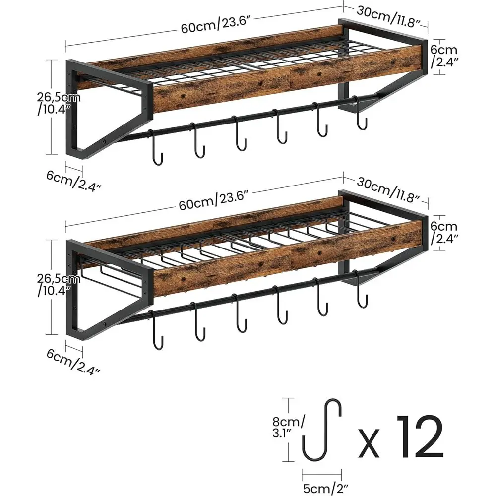 منظمو رف بغطاء وعاء مزدوج مع 12 خطافًا، بني ريفي وأسود، حل تخزين المطبخ للأواني والمقالي #4