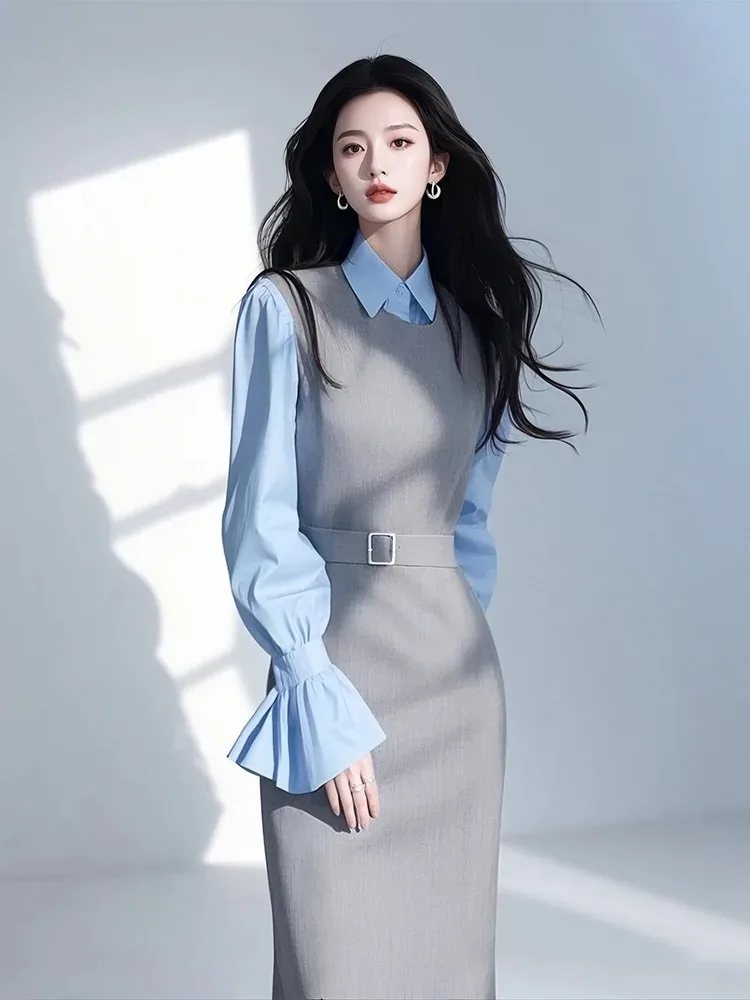 

New High Quality Office Lady Autumn Suit Dress Set Women Lapel Long Sleeve Blue Shirt + Grey Vest Dresses with Belt 2 Piece Set