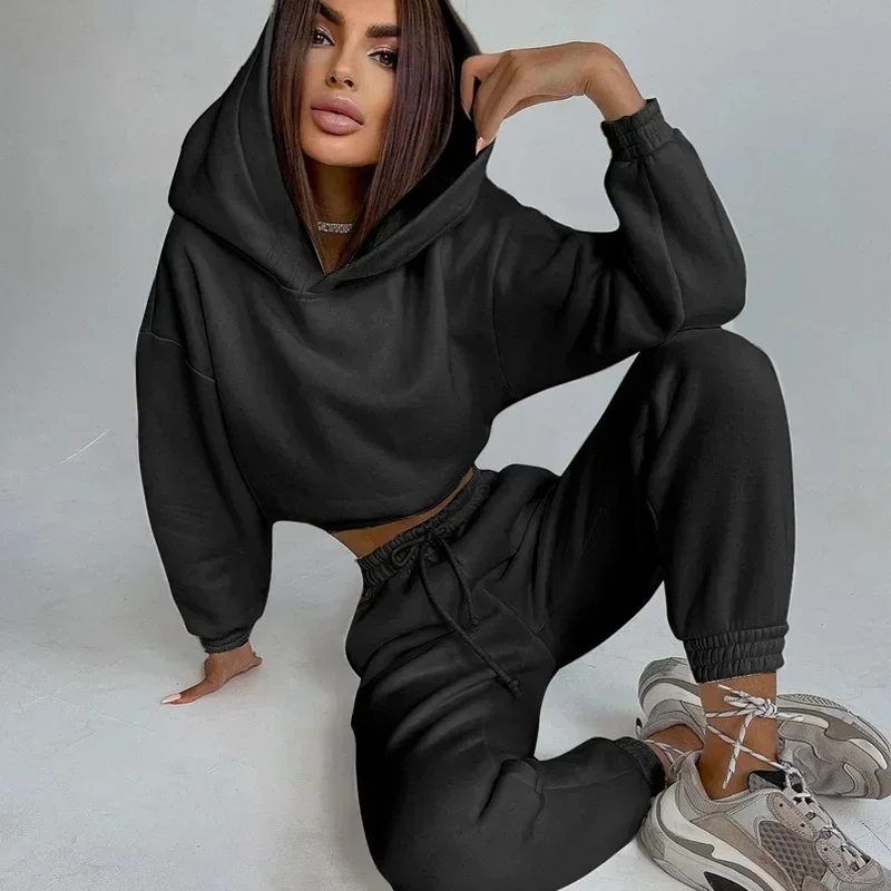 

Женский спортивный комплект-пуловер с длинными рукавами, комплекты из двух предметов, спортивный костюм, толстовка с короткой талией, толстовка, брюки на шнурке, осень