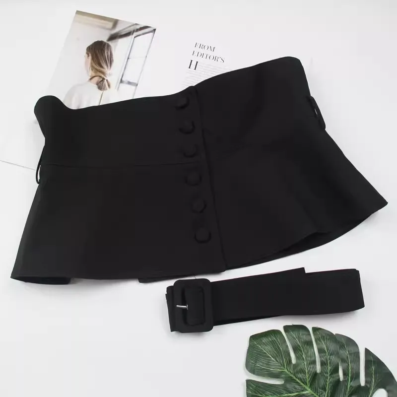 เข็มขัดผ้าสีดำสไตล์วินเทจสำหรับผู้หญิง คอร์เซ็ทผู้หญิง สายคาดเอวสำหรับเสื้อโค้ท สายคาดเอวสำหรับตกแต่งชุดเดรส เข็มขัดเส้นกว้าง รุ่น J1595