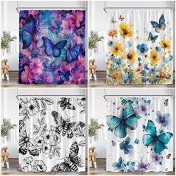 Butterfly Floral Shower Curtain Flower Plant Pink Purple Teal Butterflies Bathroom Decor Elegant Modern Polyester Bath Curtain