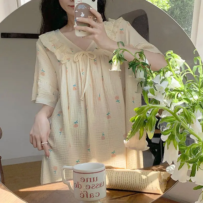 Floral Women Nightgown Sleepwear Ruffles Short Sleeve Night Dress Summer Night Wear Korean V-neck Sleeping One Piece Pajamas New