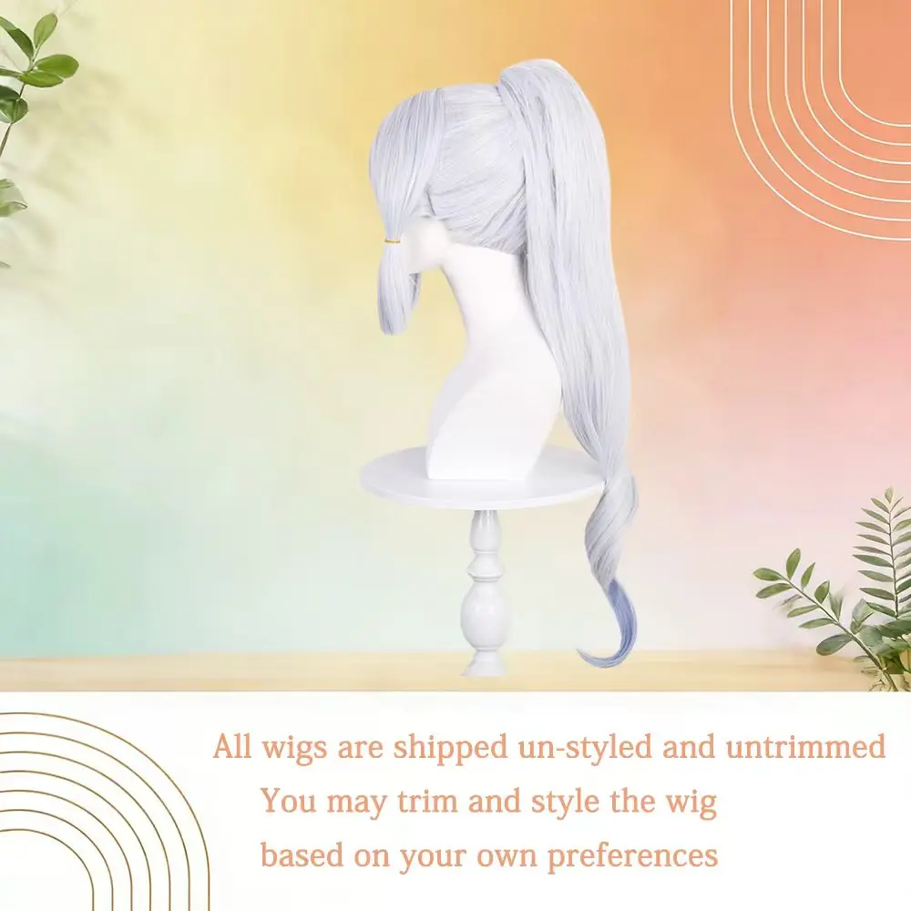 Long Silver White Ponytail Ponytail Wig with Blue Ombre Tips Heat Resistant Synthetic Hair Bangs for Women Cosmetic Daily Wear
