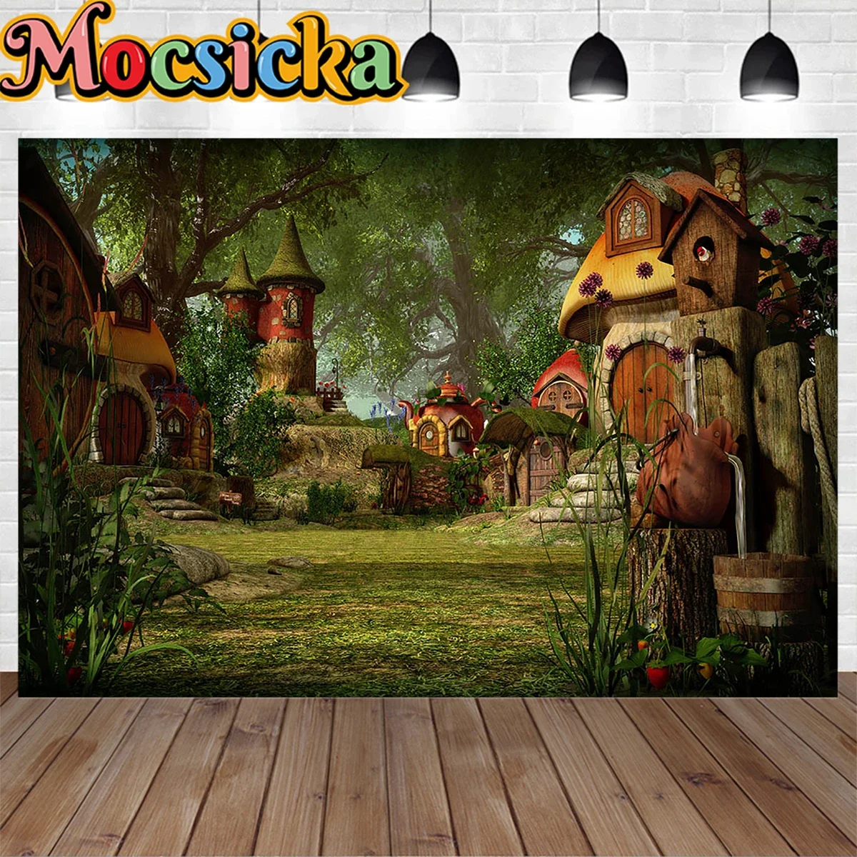 

Mocsicka Spring Magic Wonderland Fairy Tale House Photographic Backdrop for Studio Prop Green Forest Decor Newborn Background