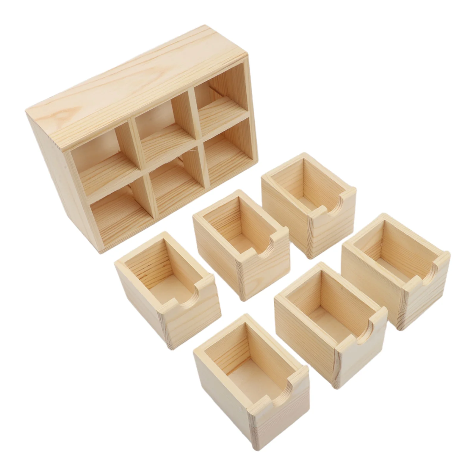 Six Drawer Wooden Desk Organizer with Sliding Lid for Managing Small Personal Items in Workspace or Study Area