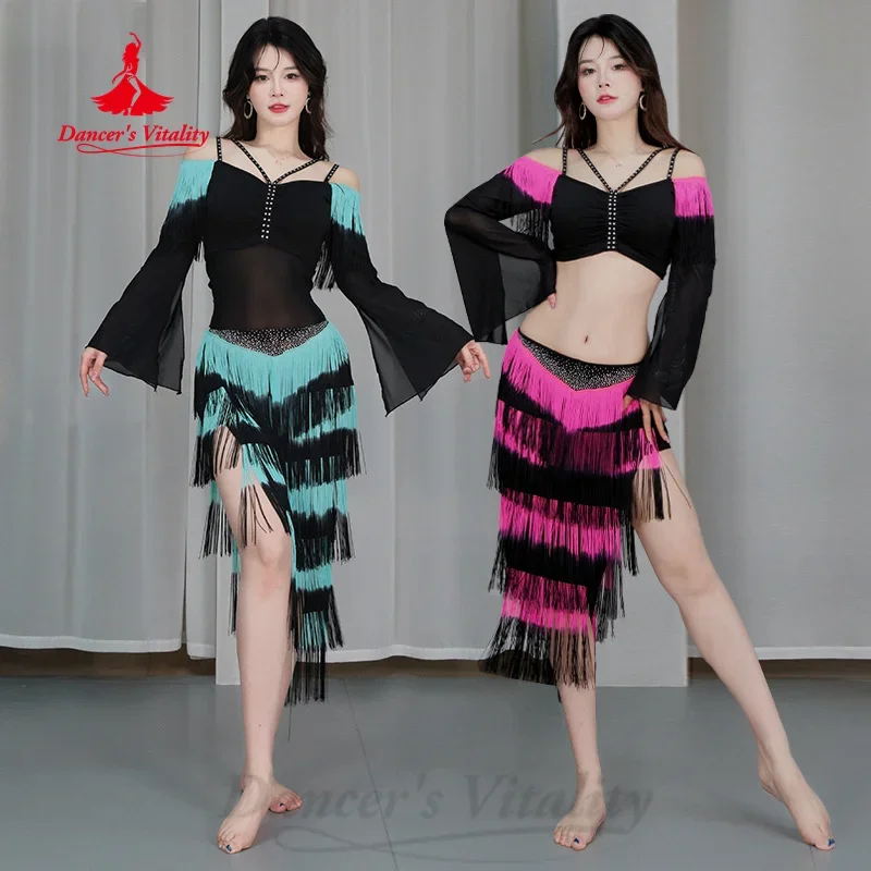 

Belly Dance Suit for Women Mesh Long Sleeved Top and Tassel Long Skirt Set Adult Oriental Belly Dancing Performance Costumes