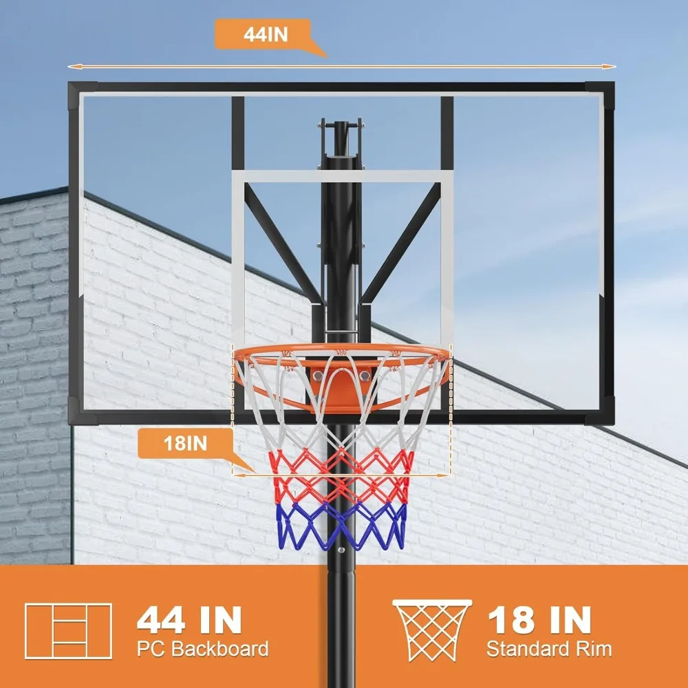 Canestro de baloncesto al aire libre con tablero inastillable de 44 pulgadas y sistema de portería ajustable de 5-10 pies para juego de regulación
