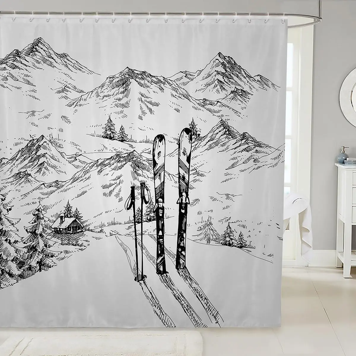 

Занавеска для лыжного душа, зимние спортивные игры, водонепроницаемые занавески для душа, зимняя занавеска для катания на лыжах, горный эскиз, иллюстрация, моющаяся