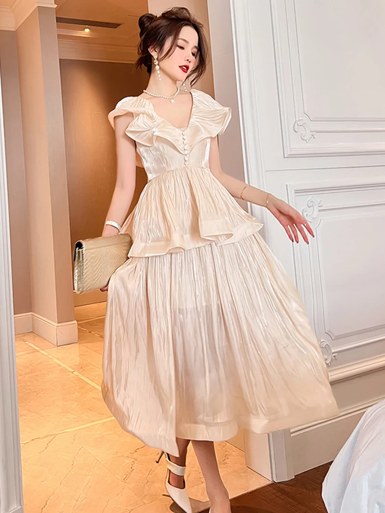 2023 Summer Dresses for Women Elegant Satin Butterfly Sleeve High Waist Ruffles A-line Maxi Robe Feminine Party Birthday Vestido