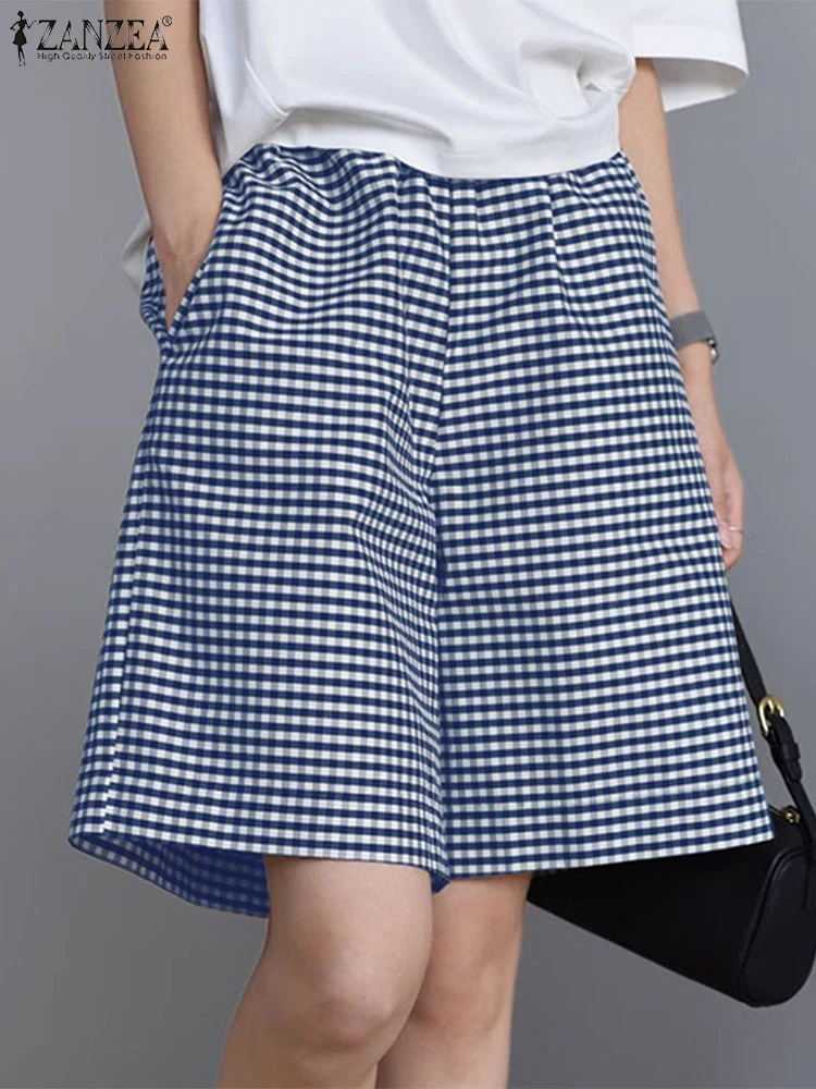 ZANZEA Summer Casual Elastic Waist Shorts Women Plaid Checked Pants Fashion Korean Style Elegant OL Work Palazzo Pantalon 2025