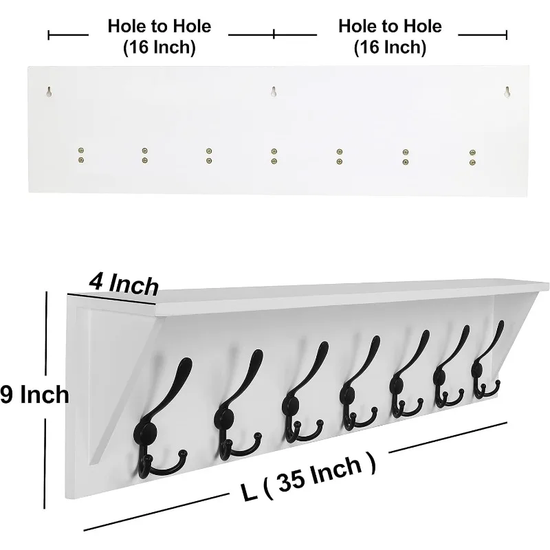 Coat Rack Wall Mounted Shelf with 7 Tri Hooks 35” Heavy Duty Wood Entryway Shelf with Hooks, Coat Hanger Shelf, White