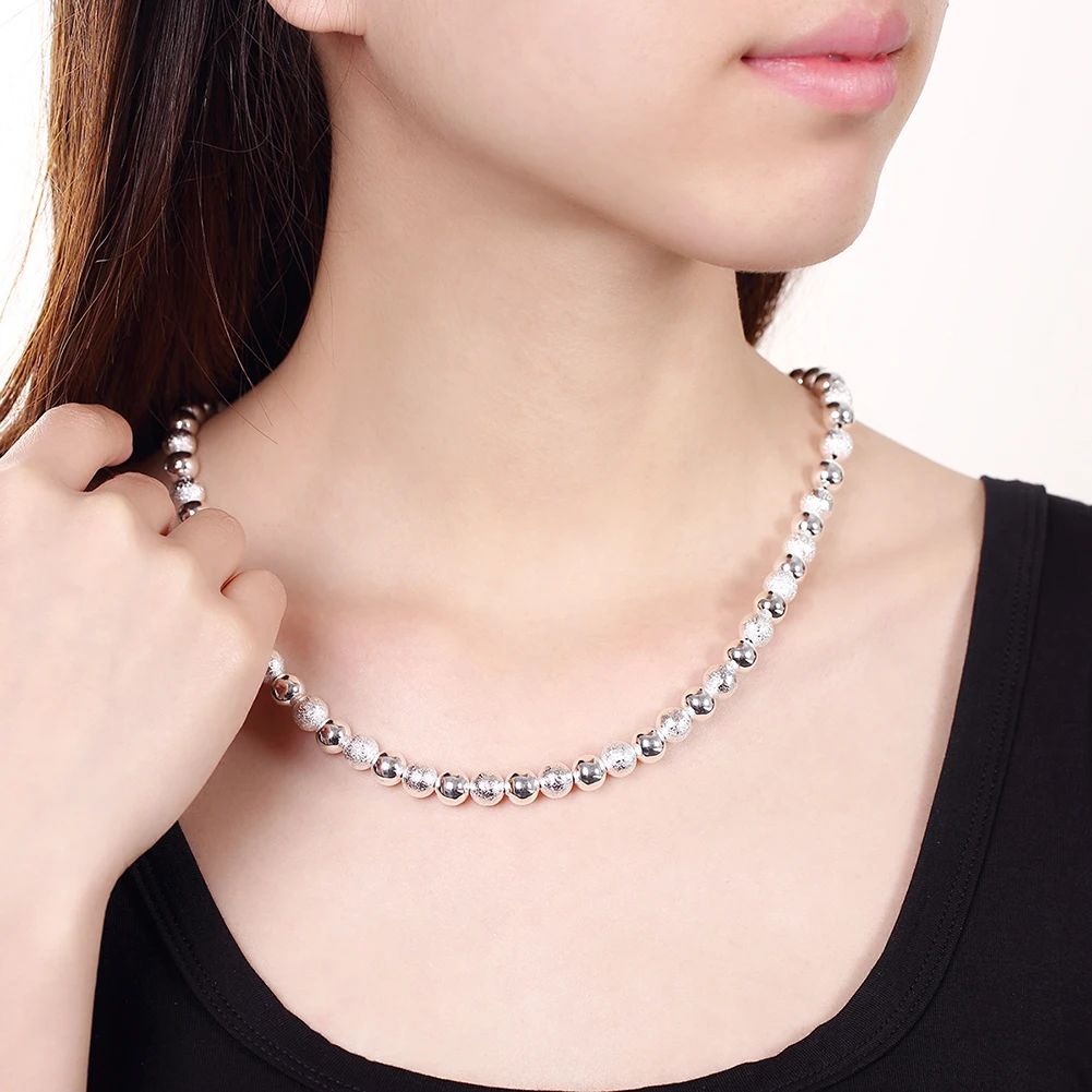 Classic 925 Sterling Silver Necklaces Jewelry 20 Inches Vintage 8mm Frosted Smooth Beads Fashion Necklace Women Christmas Gifts