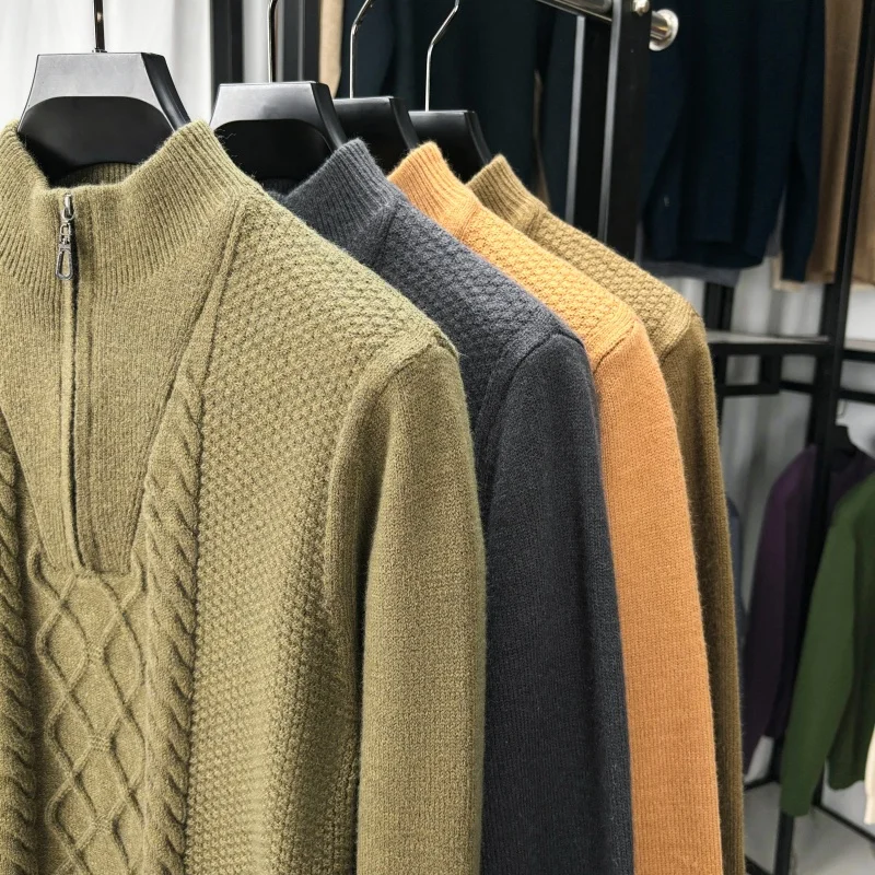 High Quality Men's Autumn Winter Knitting Sweater Mock Neck Zipper Long Sleeves Jacquard Pullover Leisure Fashion Innerwear Tops