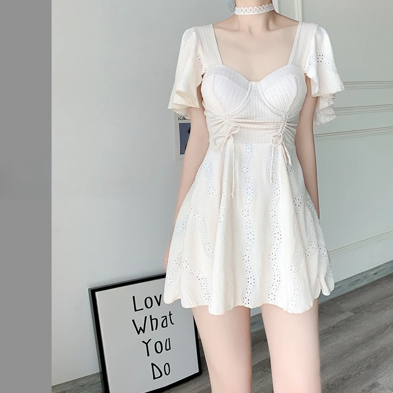Sweet Girls One Piece Swimsuit Korean Sexy Kawaii Slim Short Sleeve Cute Mini Dress Beachwear High Waist Swimsuit Suit for Women