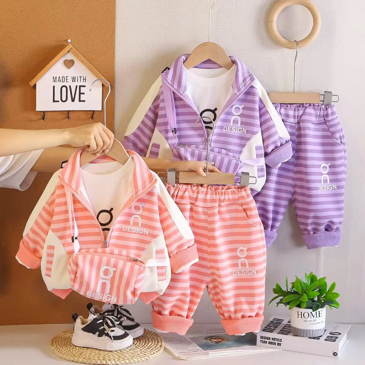 Kid Sports Suit Cute New 2pcs Toddler Children Outfit Spring Autumn Baby Girl Striped Zipper Jacket+T-shirt+Pants 3PCS Sets 0-5Y