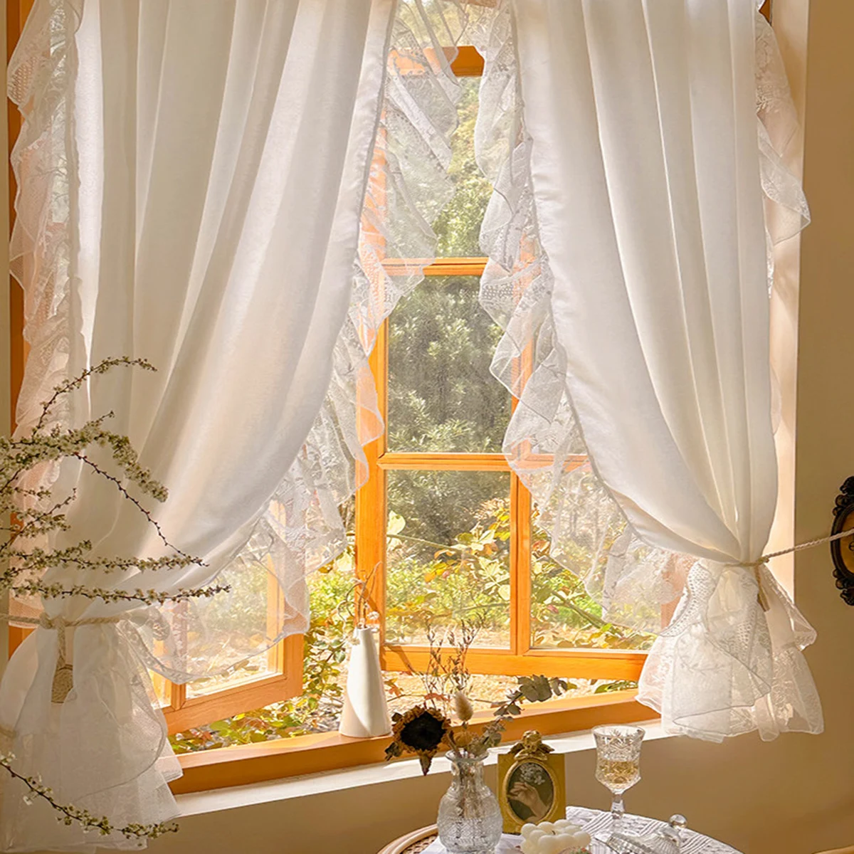 1 unidad, cortina transparente opaca más gruesa blanca de estilo rococó francés con Tirm Floral con volantes, cortina para ventanas pequeñas, cocina, decoración de la habitación