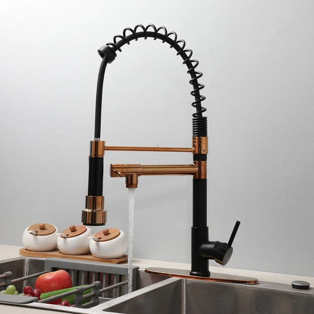 SINLAKU Kitchen Rose Gold Black Sink Faucet two Handle Spring Hot and Cold Water Tap Deck Mounted Bathroom Kitchen Crane