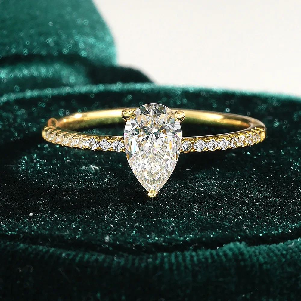 

Luxury 100% Real 18k Gold Ring Women's Drops Set Ring Pear-Shaped Moissanite Diamond Ring