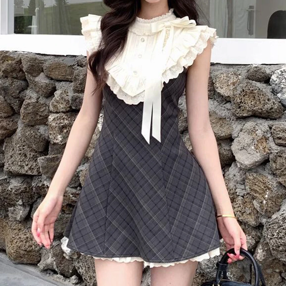 

Summer new French sweet pure desire retro spliced bow niche daughter sense dress vestidos de mujer