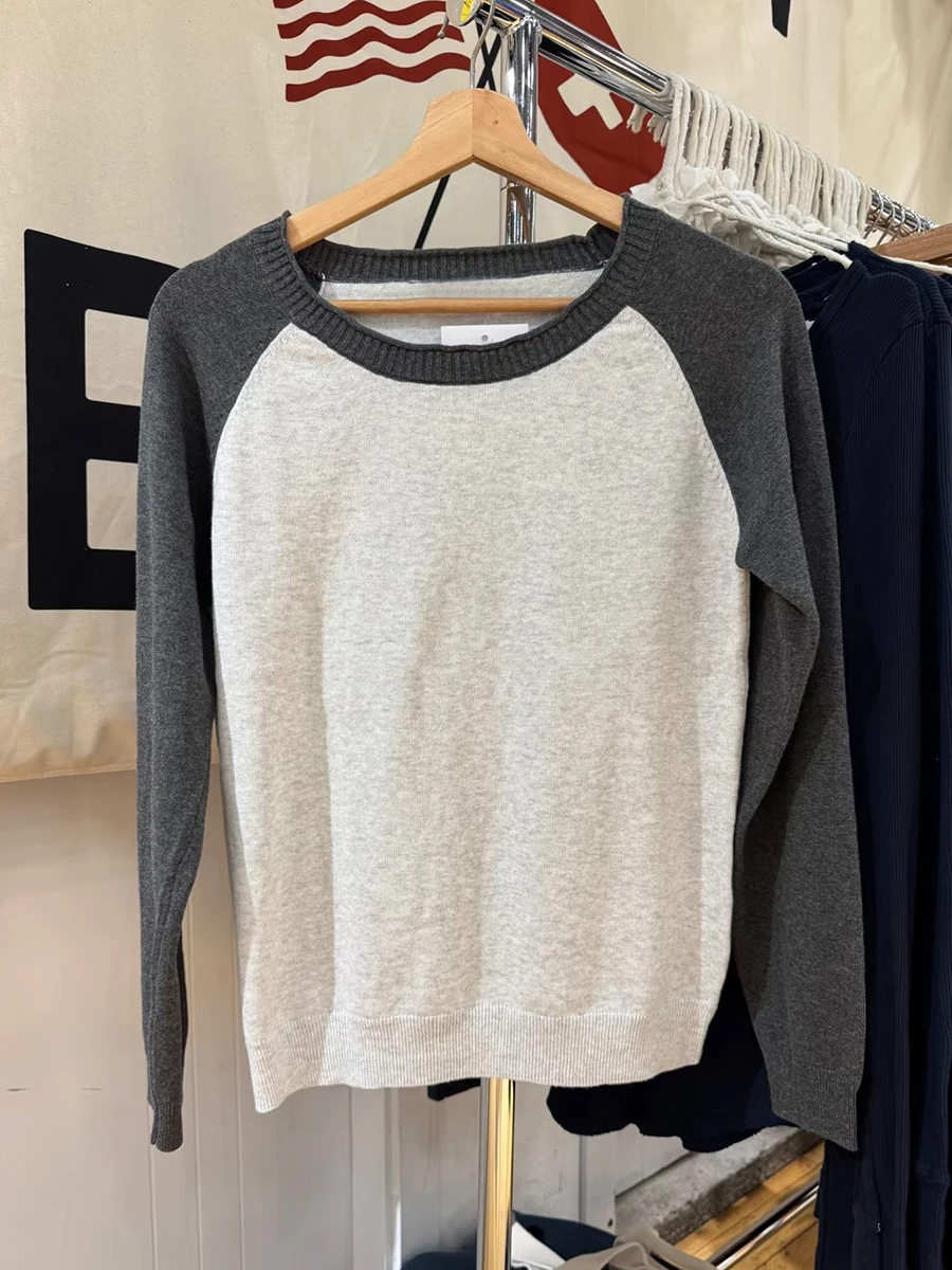 

Vintage Patchwork Knitted Sweater Woman Raw Trim Round Neck Raglan Long Sleeve Knitwear Tops Autumn Warm Pullover Sweaters New