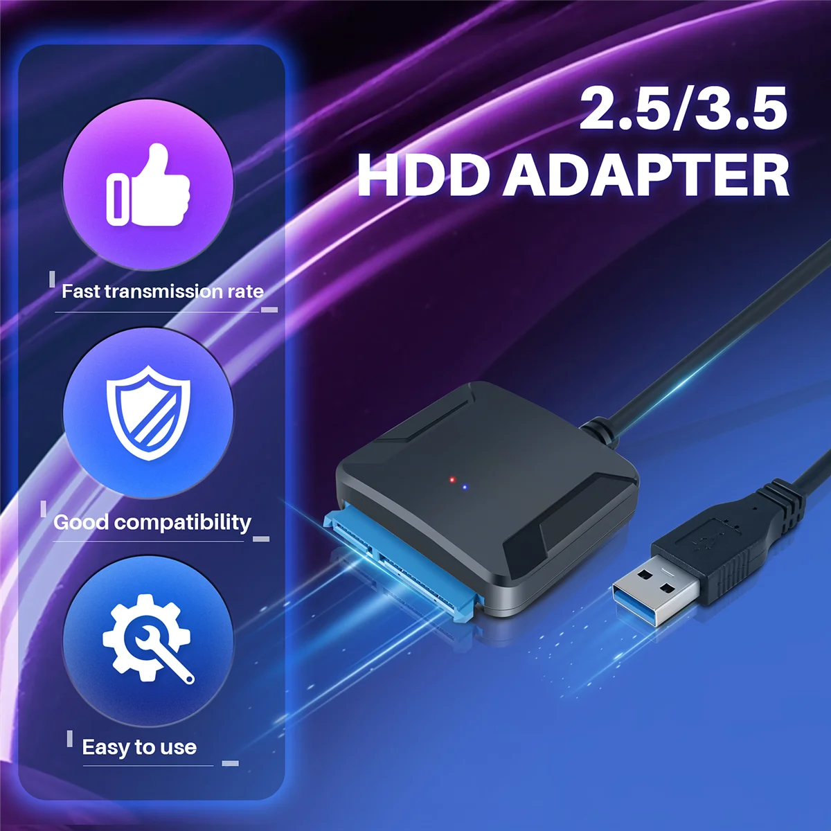 Cabo de dados ABSQ-USB para Sata, cabo adaptador de disco rígido SATA USB3.0 Easy Drive de 2,5/3,5 polegadas (plugue dos EUA)