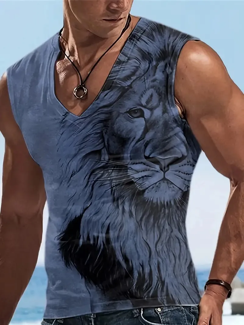 Men's Retro Sleeveless Sports Vest 3D Lion King Printed Casual Vest Retro Street Round Neck Shirt Mens Tops S-5Xl Plus Size