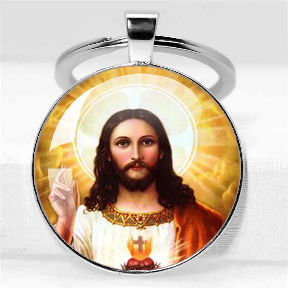 JESUS Picture Religious Keychain Catholic Glass Pendant Keyring Jewelry Keychain Jesus Christian Gifts