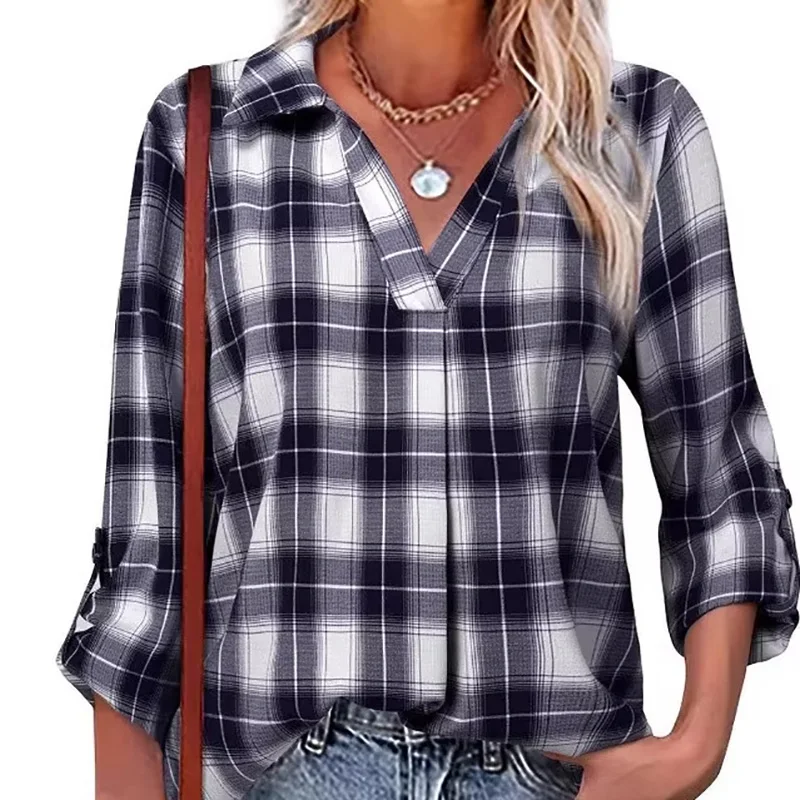 

Loose Casual Plaid Collared Top Street Sle Long Sve Girl's irt Easy Care No Brand Street Faion Patchwork Design