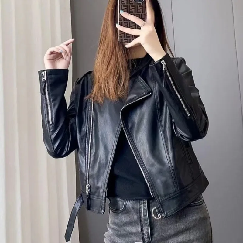 Retro Women Motorcycle Leather Jackets Streetwear Chic PU Leather Coats Cropped Jacket Y2k Stand-up Collar Zip Long Sleeve Tops